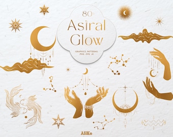 Celestial Graphic Elements Bundle with Moon Stars Hands Constellations Clouds Zodiac and Mystical Symbols