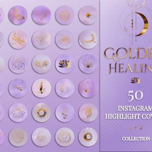 May include: Set of 50 purple and gold Instagram highlight covers with various designs, including a crescent moon, a butterfly, a lotus flower, a dragonfly, and a sun. The text "GOLDEN HEALING" and "50 INSTAGRAM HIGHLIGHT COVERS COLLECTION" is also included.
