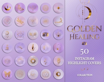 Paarse en gouden Instagram-markeringspictogrammen | Reiki, yoga (50 png)
