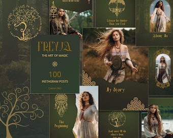 Spiritual Instagram Templates Dark Green Gold Celtic Canva for Mystic Witchy Brand