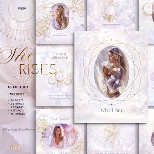 May include: A digital art collection with a soft, ethereal aesthetic. The design features a woman with long blonde hair, floral and geometric elements, and the text "She Rises." The kit includes 30 posts, 5 stories, 5 covers, 6 icons, and 15 images.