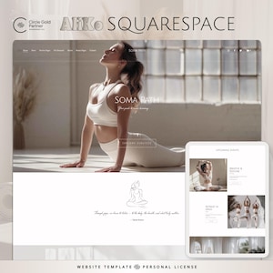 May include: A website template design with the text "SOMA PATH" and "Explore Services". The design features a woman in white activewear in a yoga pose. A tablet displays the website's upcoming events.