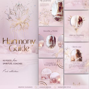 May include: A collection of pink Instagram post templates for spiritual coaches. The design features gold floral accents, elegant typography, and the text "Harmony Guide." The templates include sections for "My Journey," "Benefits of Reiki," and "Crystals for Energy Healing."