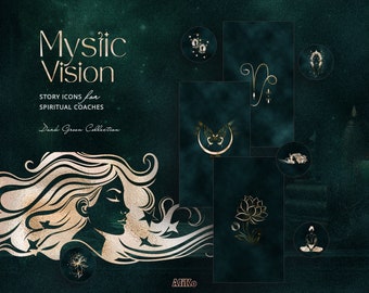 Copertine di storie in evidenza su Instagram / Icone spirituali: verde, oro, minimal per Mystic Brands / Storie per tarocchi e astrologia / Segni zodiacali
