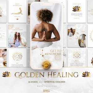 Spiritual Instagram Post Templates for Reiki coach, Yoga business | White & Gold Feed in Canva