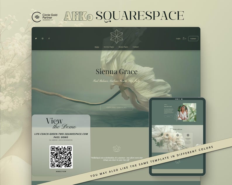 Squarespace Template designed for a sage green spiritual, white aesthetic — perfect for yoga, meditation, business coaching, self-care, wellbeing, and psychology therapy websites. Create a serene and professional online presence with this elegant, easy-to-use design.