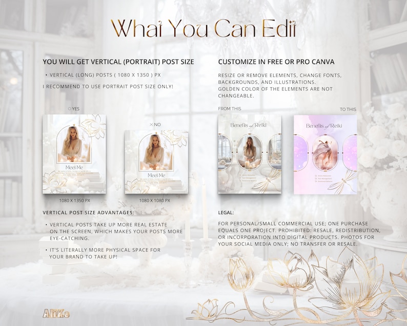 Spiritual Instagram: Elevate your feed with divine White & Gold Canva Templates. Perfect for Holistic and Reiki Coaches, crafting a mystic social media journey. Inspire with affirmations and healing visuals.