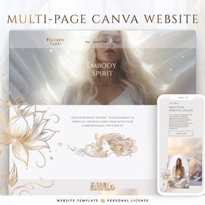 Puede incluir: Una maqueta digital de una plantilla de sitio web, con un diseño claro y detalles dorados. El sitio web muestra a una mujer con cabello rubio largo y el texto "EMBODY SPIRIT". Un teléfono inteligente muestra una versión móvil.