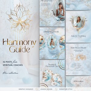 Op de afbeelding: Een set social media graphics voor spirituele coaches, met een blauwe en witte aquarel achtergrond met gouden accenten. De graphics bevatten tekst zoals "Harmony Guide", "Voordelen van Reiki", "Stel me alles", "Nieuwe Maan Ritualen", "Schoonheid & Persoonlijke Verzorging" en "Affirmation".