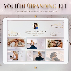 Kit de marca de YouTube: mágico, perla, oro / Miniaturas y banners espirituales / Plantilla de arte de canal místico en Canva / Tarot, astrología y reiki
