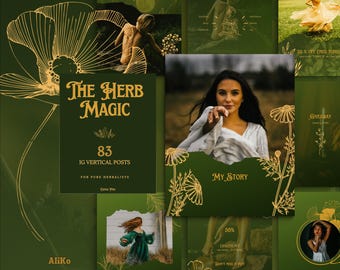 Modelli per post Instagram a tema spirituale: Canvas verde scuro e oro per aziende di prodotti erboristici, ayurvedici e olistici.