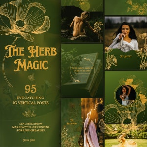 Spiritual Instagram Post Templates for Herbal business: green, gold aesthetic in Canva | Health Nutritionist | Mystic IG Social Media feed