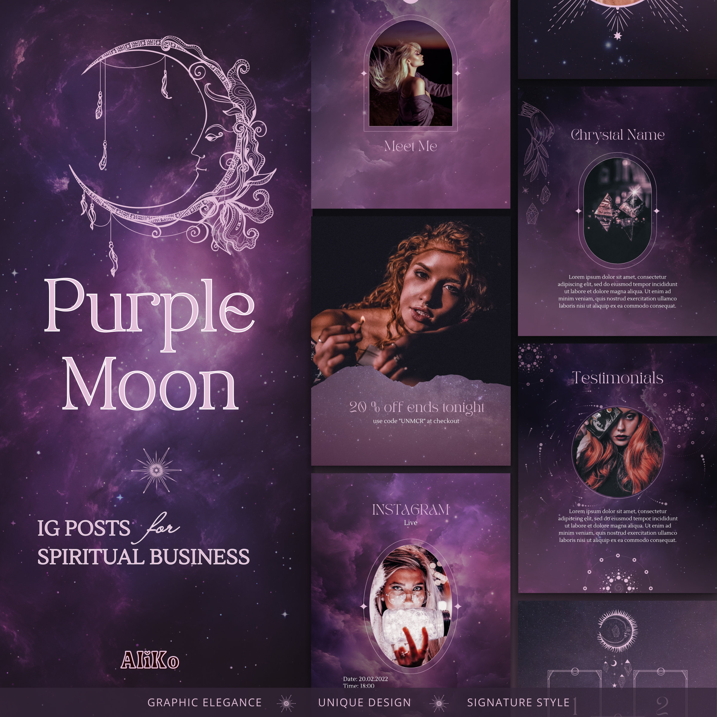 Spiritual Instagram Posts: purple, dark, magic, celestial | Mystical and Luxury Canva Templates | Tarot & Astrology | Full Moon Social Media