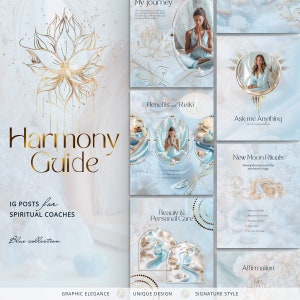 Op de afbeelding: Een set social media graphics voor spirituele coaches, met een blauwe en witte aquarel achtergrond met gouden accenten. De graphics bevatten tekst zoals "Harmony Guide", "Voordelen van Reiki", "Stel me alles", "Nieuwe Maan Ritualen", "Schoonheid & Persoonlijke Verzorging" en "Affirmation".