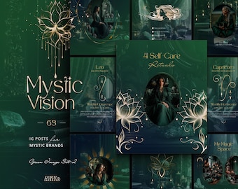 Green & Gold Instagram Post Canva Templates for Tarot, Astrology, Spiritual and Mystic Brands