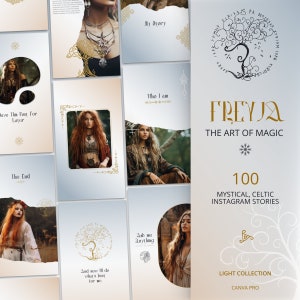 Modelli di storie spirituali di Instagram: beige, blu, chiaro in Canva / estetica celtica e nordica / Magia, social media mistici / Valkyrie moderna
