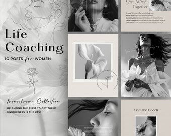Coaching Templates: white, black in Canva Minimalist, Nature Instagram Posts for Life & Wellbeing Coach