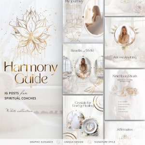 May include: A set of Instagram post templates for spiritual coaches. The templates feature a white background with gold accents and illustrations of a lotus flower, crystals, and a crescent moon. The text on the templates includes "Harmony Guide", "Benefits of Reiki", "Ask me Anything", "New Moon Rituals", "Crystals for Energy Healing", and "Affirmation".