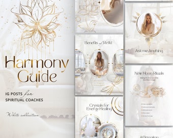Instagram Template Posts: white, gold, spiritual in Canva | Fantasy Social Media | Nature IG Feed | Holistic Goddess | Crystal Healing