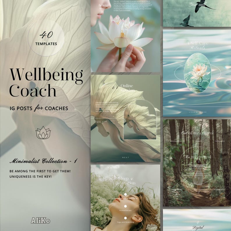 Life Coach: Explore nature-inspired, minimalist Canva templates for wellbeing and holistic coaching. Enhance your mental health and mentoring posts with serene designs perfect for social media.