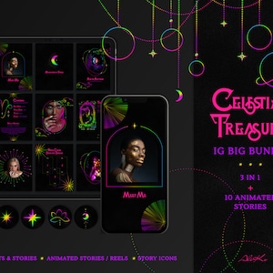 Social Media Bundle: black, celestial, spiritual mystic in Canva | Post & Story Templates | Tarot and Crystals | Animated stories, reels