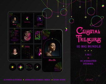 Social Media Bundle: black, celestial, spiritual mystic in Canva | Post & Story Templates | Tarot and Crystals | Animated stories, reels
