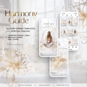 Modelli per storie spirituali di Instagram: bianco, oro in Canva / Storie animate / Copertine di reel / Coach olistico / Feed social fantasy e dea