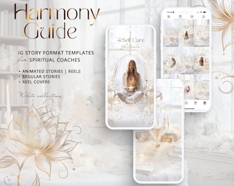 Spiritual Instagram Story Templates: white, gold in Canva | Animated Stories | Reel Covers | Holistic Coach | Fantasy & Goddess Social Feed
