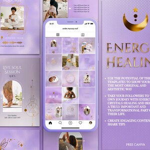 Spiritual Instagram Post Templates for online Reiki coach or Yoga business.

This lavender, purple and gold esthetician social media feed is created in Canva. Perfect and magical IG feed!