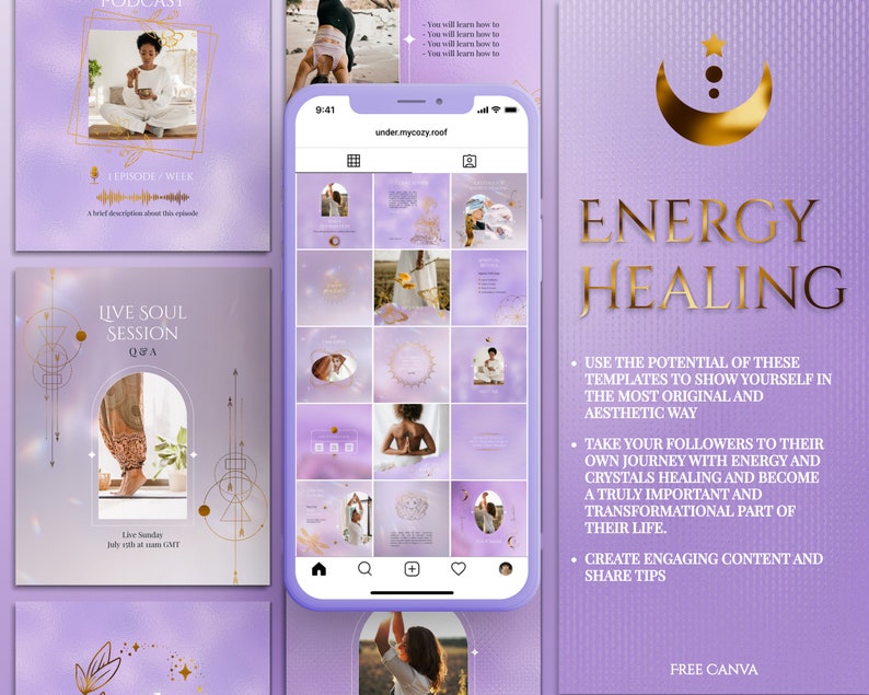 Spiritual Instagram Post Templates for online Reiki coach or Yoga business.

This lavender, purple and gold esthetician social media feed is created in Canva. Perfect and magical IG feed!