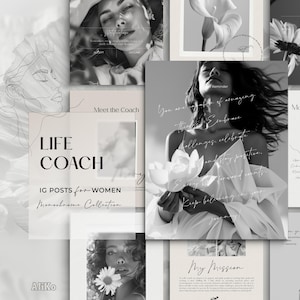 Life Coach Instagram Templates Canva Black White Feminine Minimalist Quotes Social Kit
