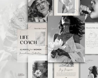 Life Coach Instagram Templates Canva Schwarz Weiß Feminine Minimalist Zitate Social Kit