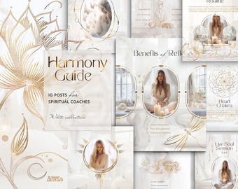 Sjablonen voor spirituele Instagram-berichten: wit, goud voor holistisch, reiki-coaching in Canva
