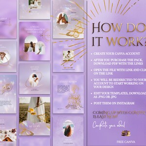 Spiritual Instagram Post Templates for online Reiki coach or Yoga business.

This lavender, purple and gold esthetician social media feed is created in Canva. Perfect and magical IG feed!