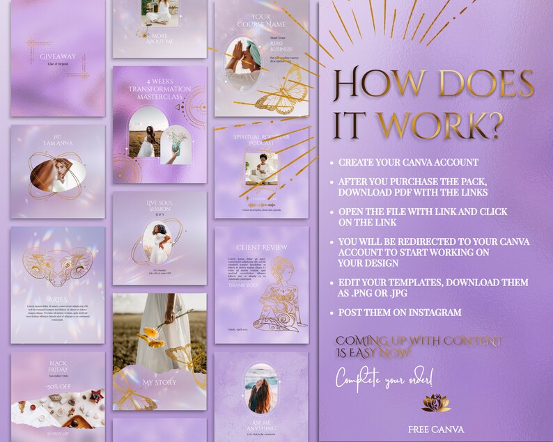 Spiritual Instagram Post Templates for online Reiki coach or Yoga business.

This lavender, purple and gold esthetician social media feed is created in Canva. Perfect and magical IG feed!