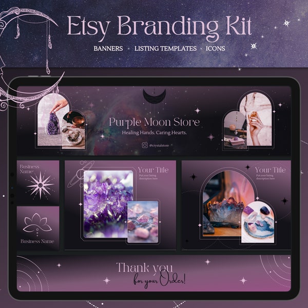 Etsy Shop Kit for Crystal sellers: black, purple, celestial in Canva | Spiritual Branding Bundle | Banners, Listing Templates & Store icons