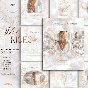 Op de afbeelding: Een digitale marketingkit met een wit en goud thema. De kit bevat Instagram-berichten, verhalen, covers, pictogrammen en afbeeldingen. De tekst bevat "She Rises", "Meet Me", "Affirmation" en "Benefits of Meditation".