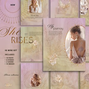以下が含まれることがあります： パステルカラーのデジタルマーケティングキット。Instagramの投稿、ストーリー、カバー用のテンプレートが含まれています。「She Rises」、「IG Mini Kit」、「Bloom collection」のテキストが含まれています。女性の画像が特徴です。