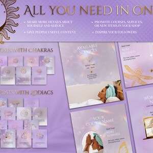 Spiritual Instagram Post Templates for online Reiki coach or Yoga business.

This lavender, purple and gold esthetician social media feed is created in Canva. Perfect and magical IG feed!