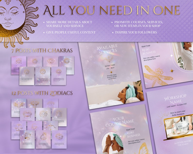 Spiritual Instagram Post Templates for online Reiki coach or Yoga business.

This lavender, purple and gold esthetician social media feed is created in Canva. Perfect and magical IG feed!