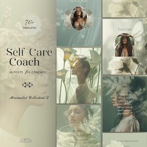 May include: A collection of 70+ minimalist Instagram post templates for self-care coaches. The templates feature green and white floral backgrounds with text overlays such as "Questions & Answers", "Resilience", and "You Can".