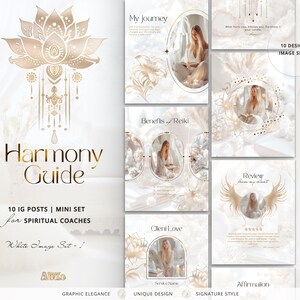 May include: A digital product set of 10 Instagram post templates for spiritual coaches. The design features a white and gold color scheme with floral and lotus flower motifs. Text includes "Harmony Guide" and "White Image Set - 1".