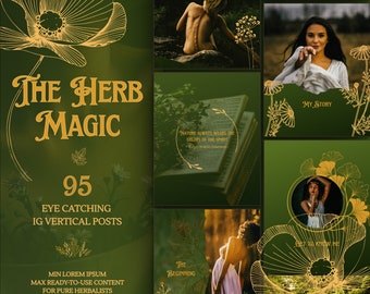 Spiritual Instagram Post Templates for Herbal business: dark green, gold in Canva | IG feed for Herbalists & Witches | Mystic Social Media
