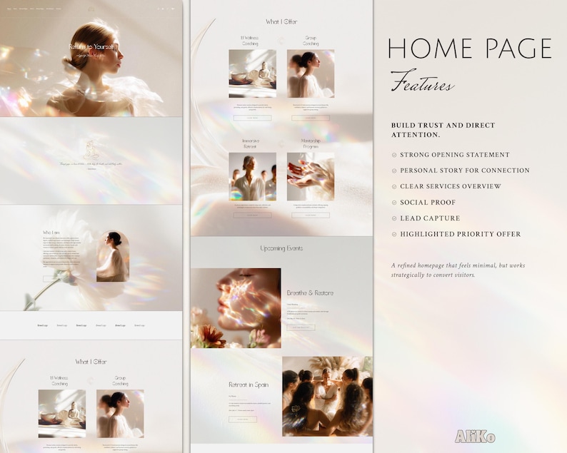 Squarespace Website Template Design for Wellness & Wellbeing Coach, Reiki Teachers – Spiritual Business – Minimalist Theme.
This minimalist Squarespace website template is created for wellness coaches, Reiki practitioners, spiritual teachers and holistic businesses who want a calm and professional online presence. The clean layout and soft, neutral aesthetic help you present your services, coaching sessions, retreats or healing practices in a clear and welcoming way.