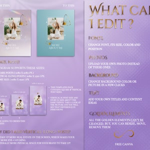 Spiritual Instagram Post Templates for online Reiki coach or Yoga business.

This lavender, purple and gold esthetician social media feed is created in Canva. Perfect and magical IG feed!