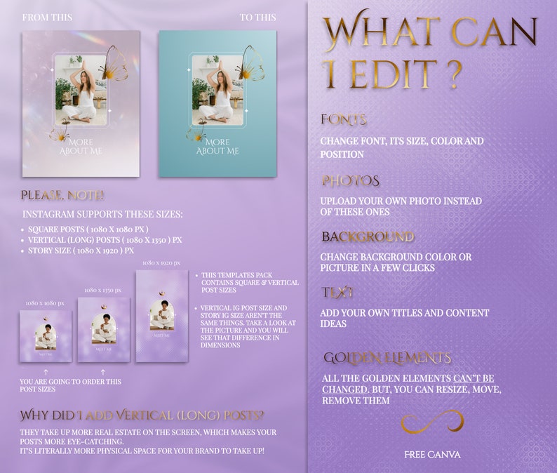 Spiritual Instagram Post Templates for online Reiki coach or Yoga business.

This lavender, purple and gold esthetician social media feed is created in Canva. Perfect and magical IG feed!