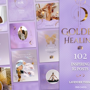 Spiritual Instagram Post Templates for online Reiki coach or Yoga business.

This lavender, purple and gold esthetician social media feed is created in Canva. Perfect and magical IG feed!