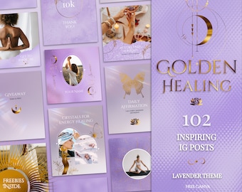 Spiritual Instagram Post Templates for online Reiki coach, Yoga business | Lavender, Purple & Gold Esthetician Social Media feed in Canva