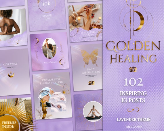 Spiritual Instagram Post Templates for online Reiki coach, Yoga business | Lavender, Purple & Gold Esthetician Social Media feed in Canva