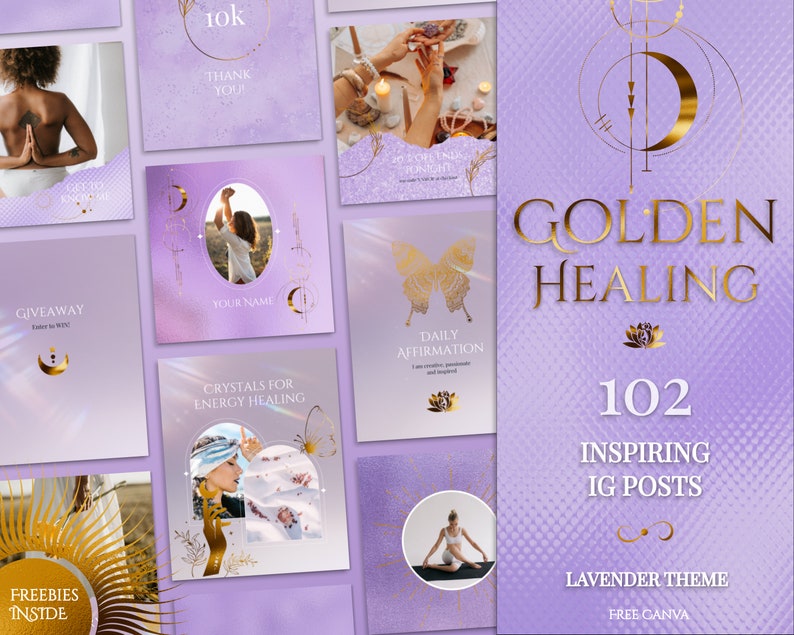 Spiritual Instagram Post Templates for online Reiki coach or Yoga business.

This lavender, purple and gold esthetician social media feed is created in Canva. Perfect and magical IG feed!